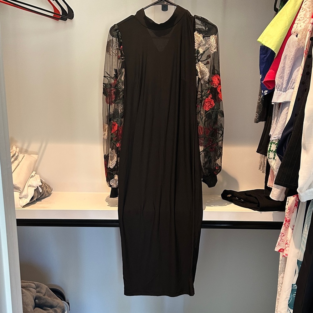 VENUS Black Midi Dress with Embroidered Sheer Floral Sleeves